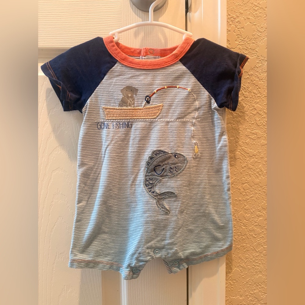 Mud Pie Blue & Navy 'Gone Fishing' Short Sleeve Baby Romper with Orange Trim